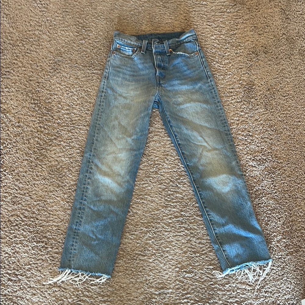 Levi's Blue Straight Leg Jeans with Frayed Hem